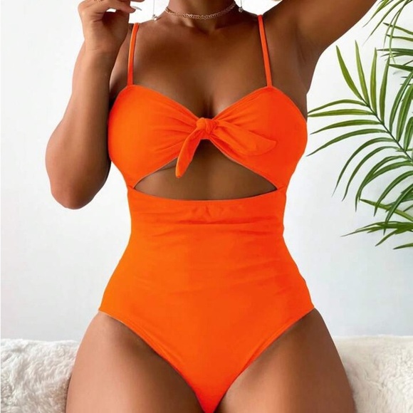Bow Tie Orange Halter Tummy Control One Piece Padded Swimsuit NWT Size M - Picture 2 of 4